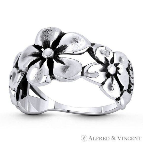 Daisy Flower, Vine, & Leaf Charm Boho Ring in .925 Sterling Silver - Size 9 - Picture 1 of 1